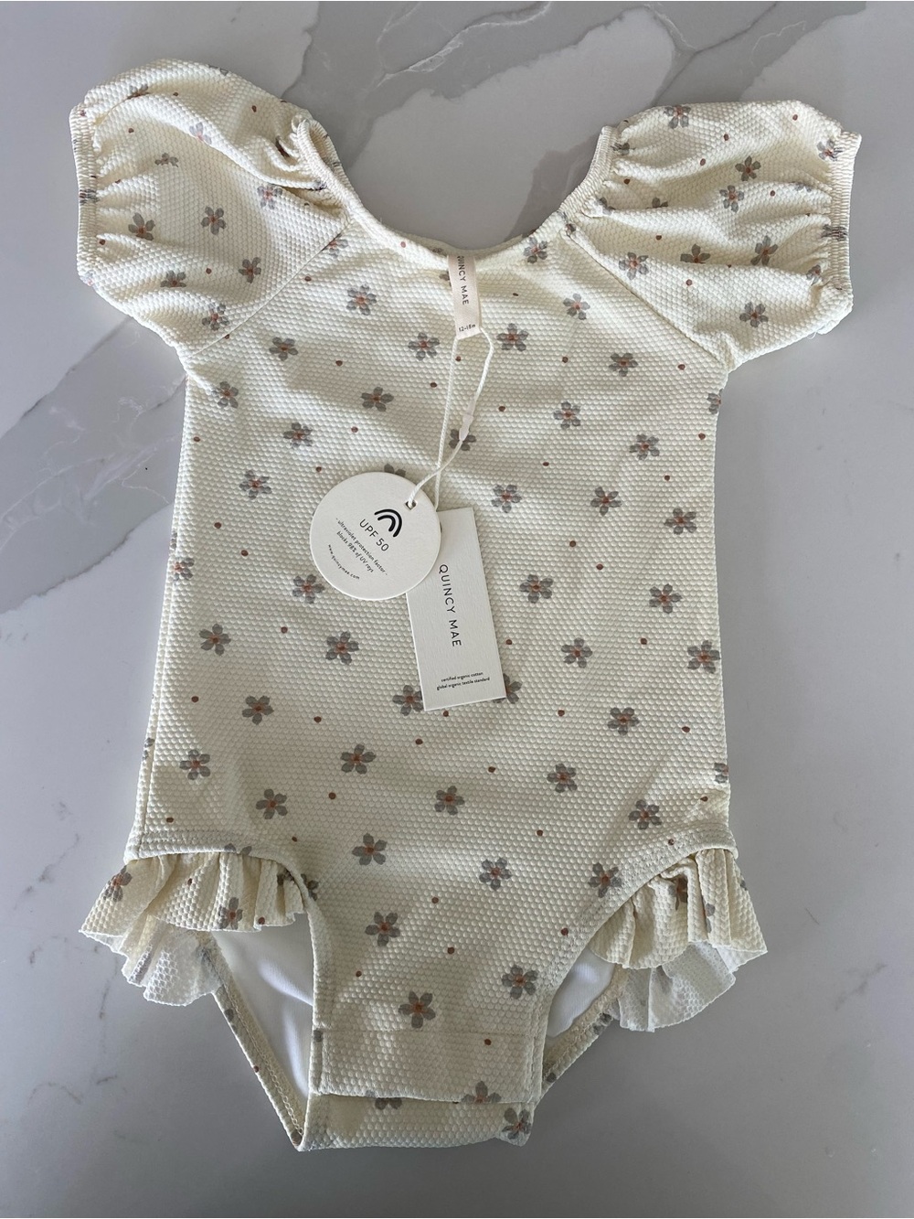 NWT Quincy Mae Ivory Floral Puff Sleeve Ruffle One-Piece Swimsuit UPF 50 12-18M